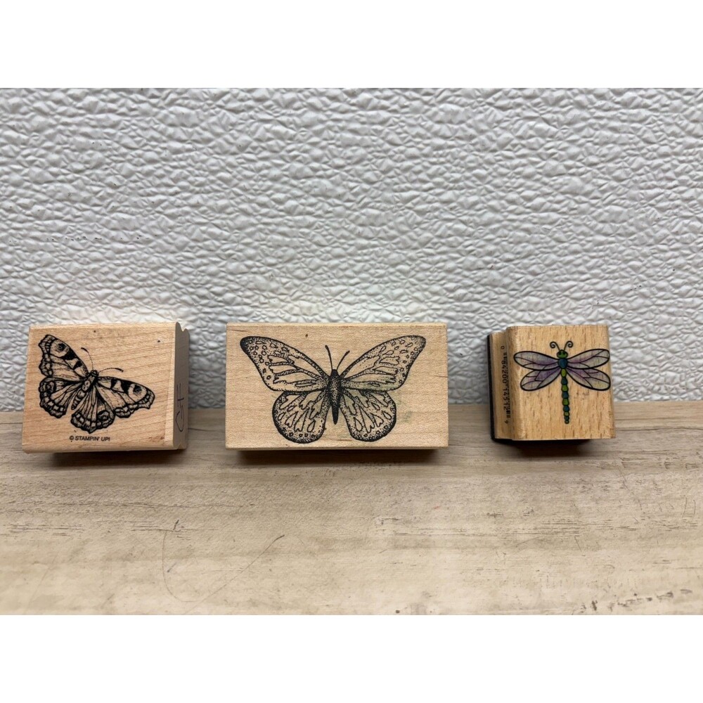 Set Of 3 Mixed Brands Wood Mounted Rubber Stamps Butterflys & Dragonfly